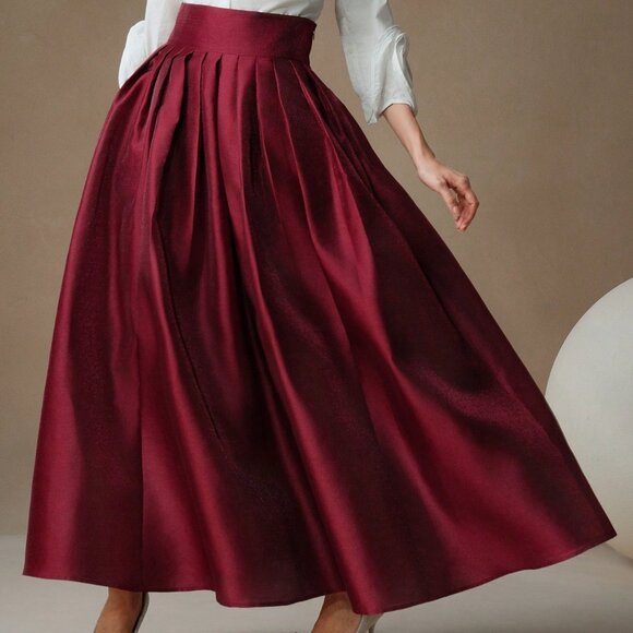 Burgundy Elegant Women's High Waisted Puff Princess Style Skirt Maxi - Picture 2 of 7